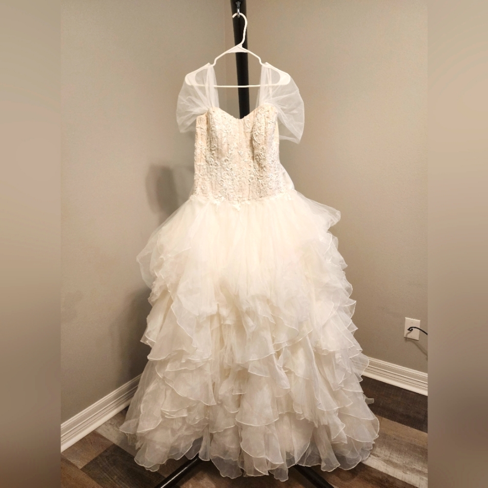 Oleg Cassini Strapless (Removable sleeves) Ruffled Skirt Wedding Dress